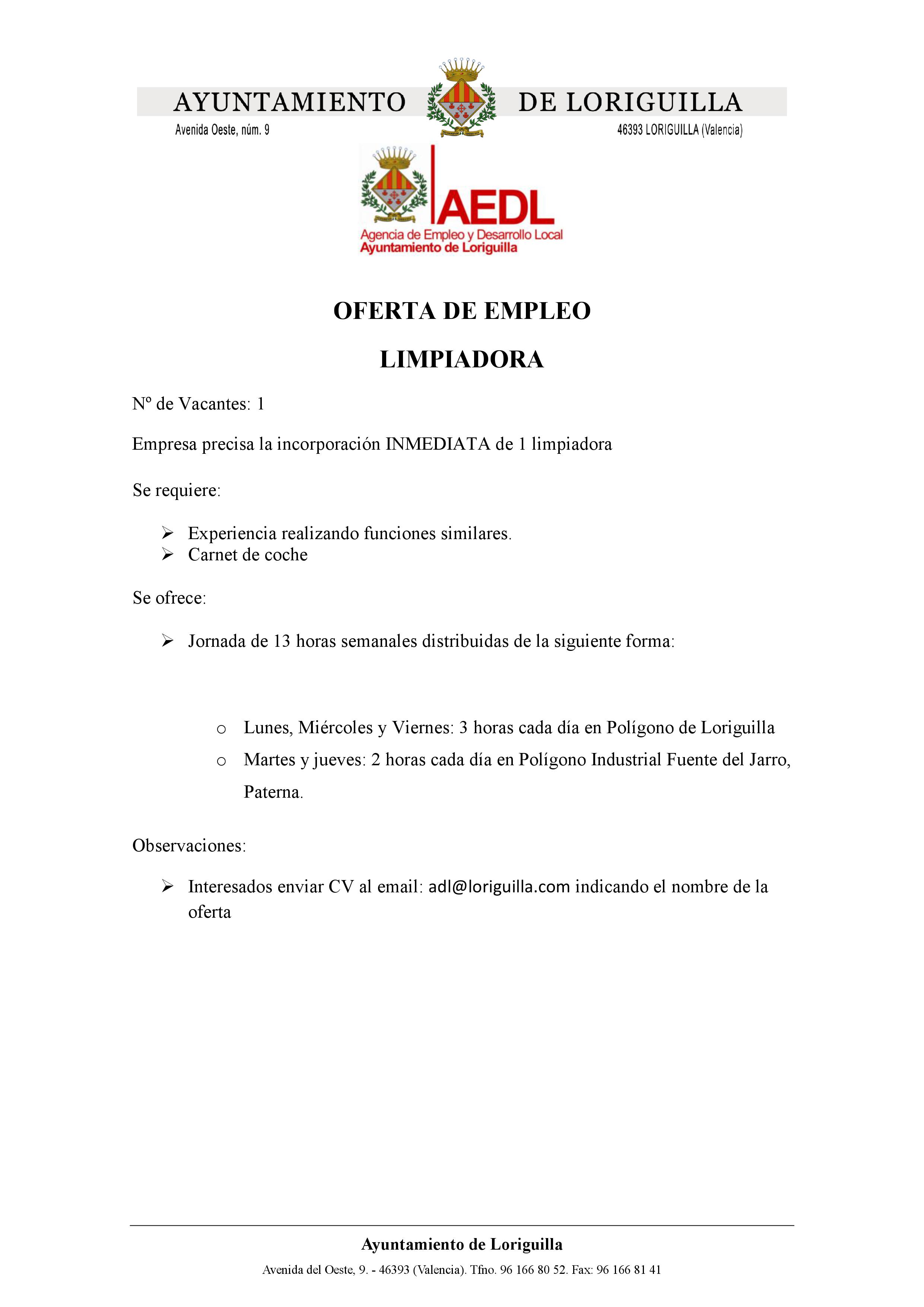 Oferta empleo limpiadora