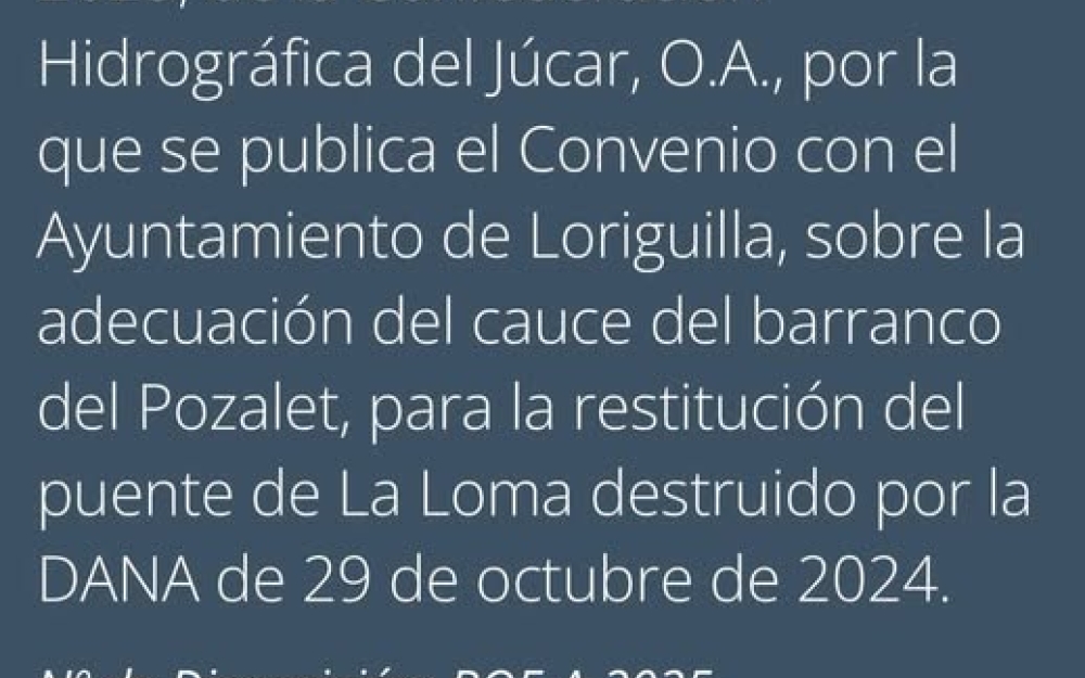 PUBLICACIÓN EN EL BOE DEL CONVENIO ENTRE AYUNTAMIENTO DE LORIGUILLA Y LA CONFEDERACIÓN HIDROGRÁFICA DEL JÚCAR.