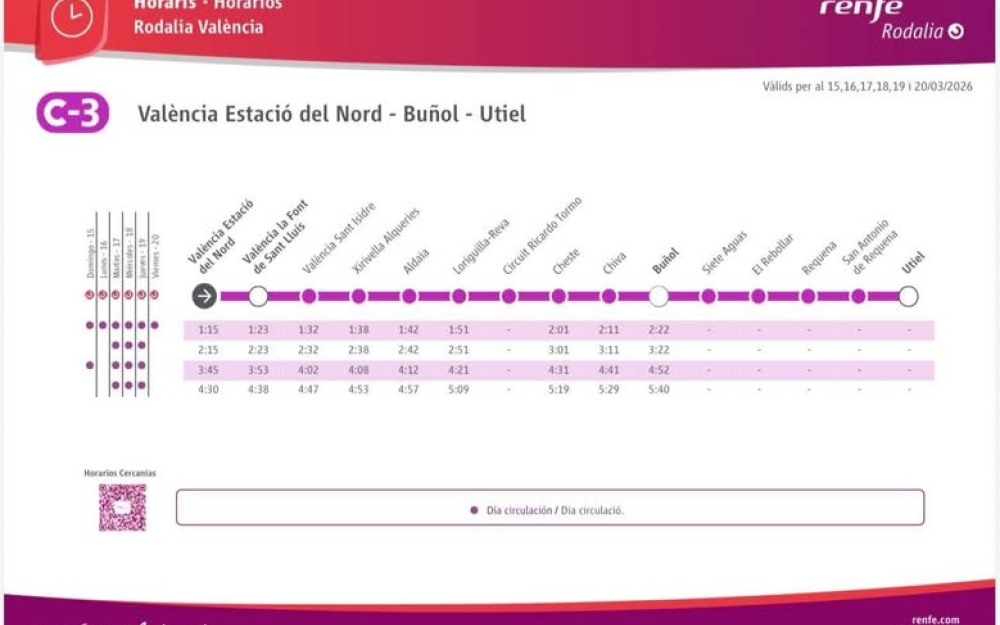 Horarios especiales de Renfe - Línea C3 con motivo de las fallas 2026.