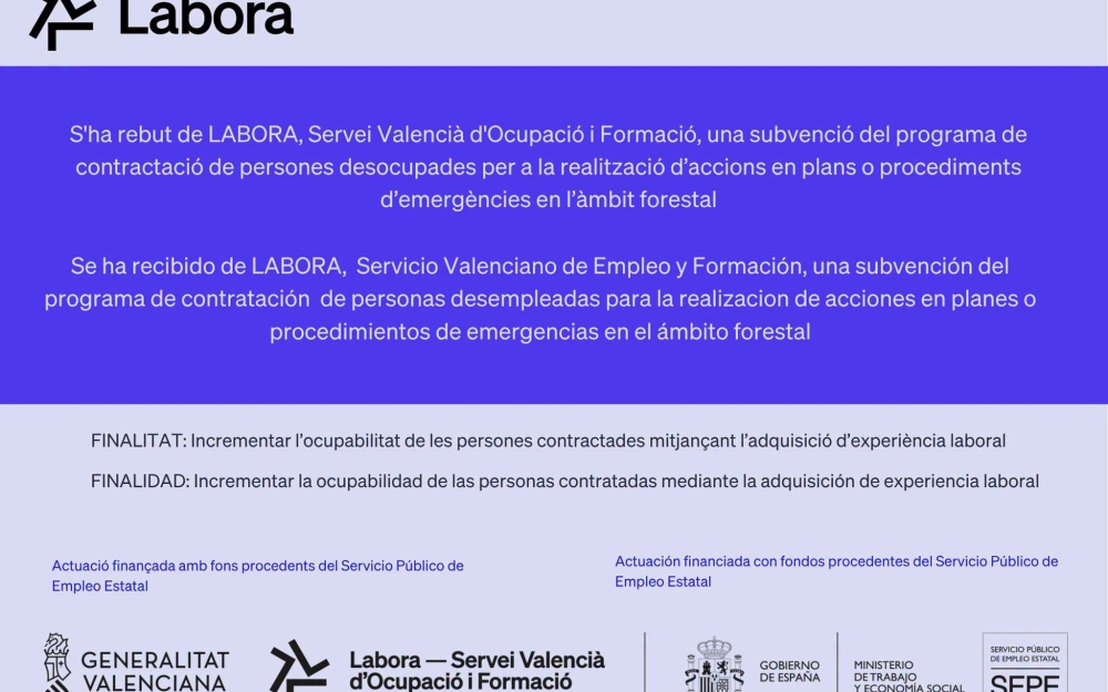 LORIGUILLA RECIBE SUBVENCIÓN DE LABORA PARA EL PLAN EMERGE 2026, CONTRATACIÓN DE PERSONAS PARA ACCIONES EN PREVENCIÓN DE INCENDIOS FORESTALES